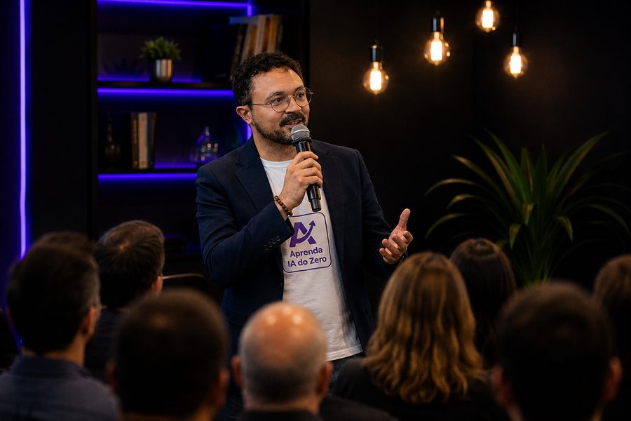 Ailton J. Santos, mentor da Aprenda IA do Zero, falando para uma plateia